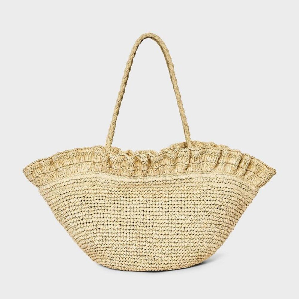 Open Box - A New Day - Straw Ruffle Crochet Fan Tote Bag - A N Natural